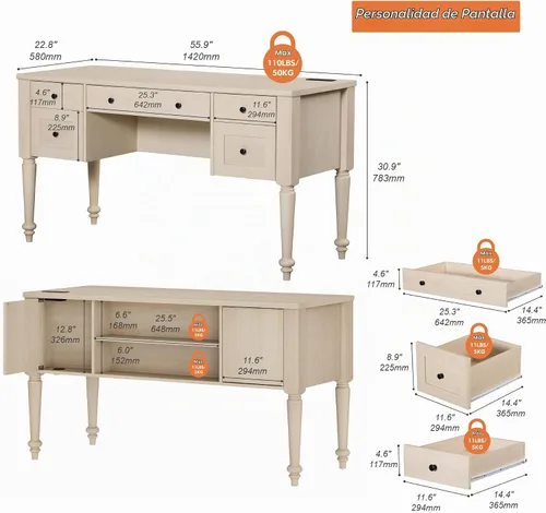 Vista 2 de WAMPAT Escritorio ejecutivo de madera con 5 cajones y estación de carga, beige, 56 pulgadas