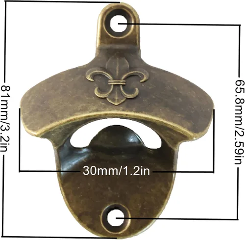Vista 4 de Abrebotellas magnético vintage montado en la pared Fleur De Lis Beer Cap Abridor con imanes Montable Bronce Antiguo