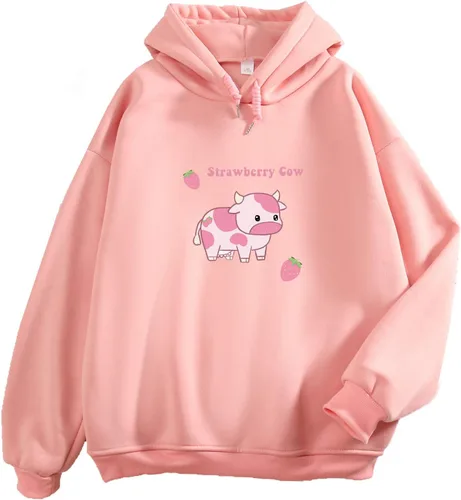 Vista 8 de KEEVICI Sudaderas con Capucha de Manga Larga para Mujer Lindas con Estampado de Fresas y Vacas Suéter Casual de Peluche Albaricoque