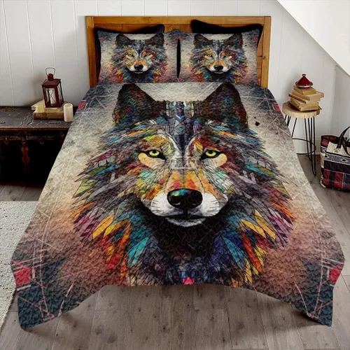 Vista 7 de Edredón de lobo personalizado, diseño nativo de ojos azules, tamaño matrimonial, juego de edredón de tamaño King, decoración para habitación