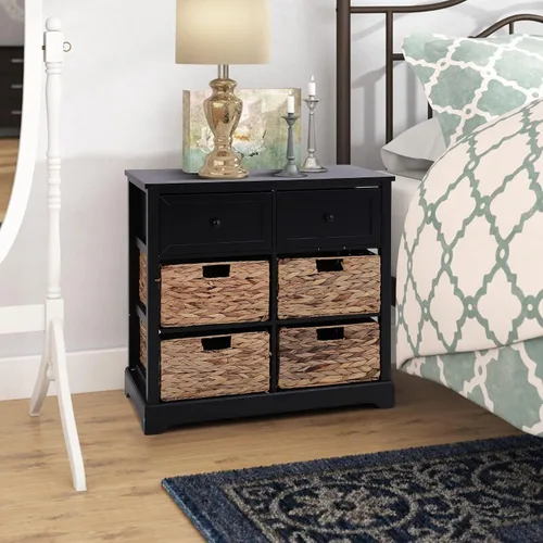 Vista 4 de PHI VILLA Black Accent Cabinet with Rattan Basket, Storage Buffet Cabinet Black Storage Cabinet with Baskets, Small Accent Cabinet with Drawers