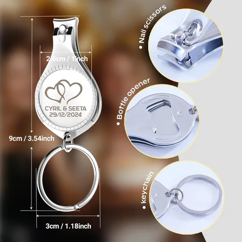 Vista 5 de Abrebotellas multifunción 4 en 1, cortauñas, recuerdos de boda, privado personalizado, plateado, regalos multiherramienta para hombres