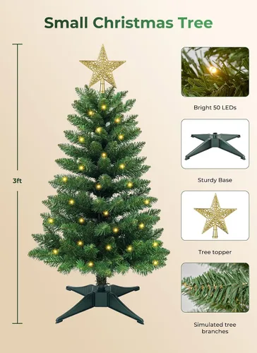 Vista 9 de Árbol de Navidad artificial pequeño de 3 pies, mini árbol de mesa Pequeño árbol de Navidad con luces, funciona con pilas, base estable, decoración
