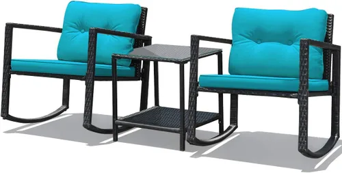 Vista 10 de DORTALA Juego de muebles de patio de 3 piezas, mecedora de ratán y mesa de centro de cristal con cojines, juego de 3 muebles de mimbre