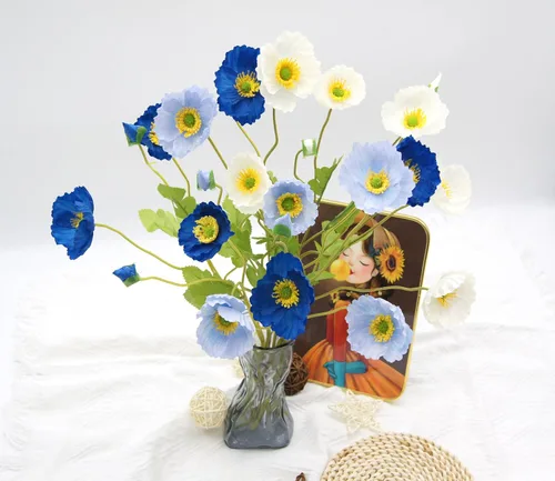 Vista 2 de FERIAL 6 flores de amapola artificiales de seda con tallos de amapola sintética de tacto real para el hogar, cocina, centros de mesa, arreglo Blanco