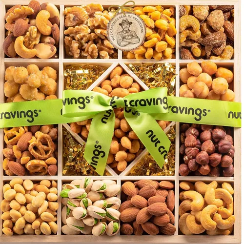 Vista 12 de NUT CRAVINGS - Cesta de regalo de nueces mixtas en bandeja de madera de diamante reutilizable + cinta verde (12 surtidos) golosinas para adultos