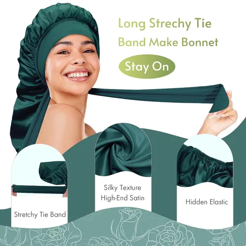 Vista 2 de BONNET QUEEN Gorro de Trenza de Seda Gorro Plegable Extra Largo para Trenzas con Banda de Atar, Capó de Satén Largo para Dormir, Verde Oscuro