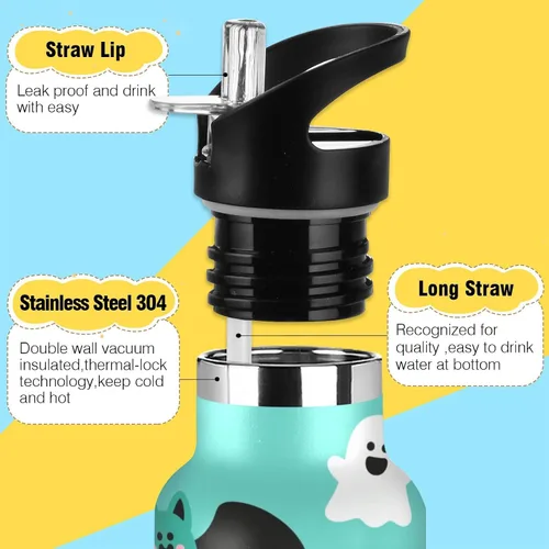 Vista 3 de Happy Halloween Bat Turquoise - Botella de agua ligera reutilizable aislada con asa aislada al vacío para viajes, camping, deportes garrafa termica