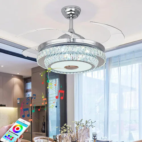 Vista 4 de Fandian Ventilador de techo de cristal moderno de 42 pulgadas con luces de control remoto, lámpara retráctil inteligente, lámpara Bluetooth