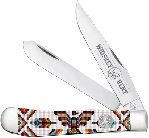 Vista 23 de WHISKEY BENT HAT CO. Navaja de bolsillo plegable tradicional Trapper de 4.125 pulgadas, longitud cerrada, cuchillas de acero inoxidable 440C (azteca)