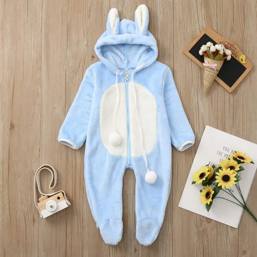 Vista 2 de Mono con capucha de conejo de vellón para bebés y niñas, con cremallera, lindo conejito, mullido para invierno, cálido, suave, acogedor mameluco