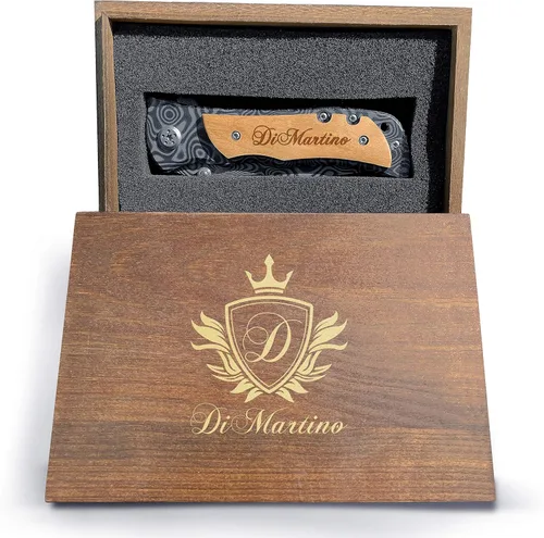 Vista 7 de Cuchillo de bolsillo grabado personalizado para hombres, cuchillo plegable personalizado con caja de madera para uso diario