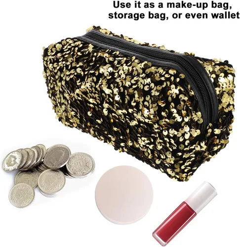 Vista 3 de VALICLUD Bolsa de cosméticos de viaje con lentejuelas, bolsa de cosméticos portátil con purpurina, bolsa de maquillaje con cremallera, bolsa