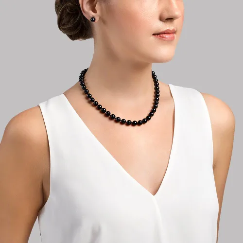 Vista 3 de The Pearl Source 14K Gold 8.0-8.5mm Round Genuine Black Japanese Akoya Saltwater Cultured Pearl Necklace in 20" Matinee Length for Women