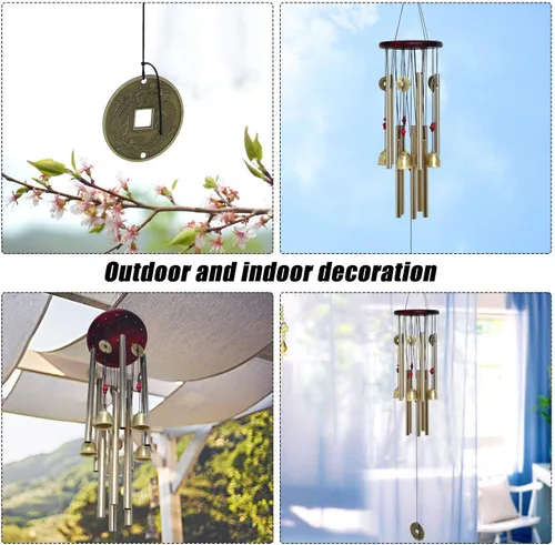 Vista 6 de Tradicional Chino Retro 10 Tubos 5 Campanas de Bronce para Patio Jardín Exterior Vida al Aire Libre Campanillas de Viento 85cm (MT-626)