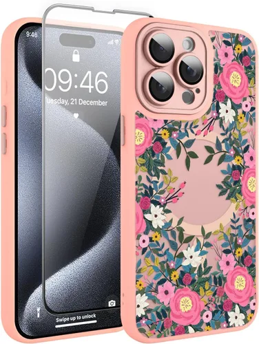 Vista 127 de Magnético para iPhone 13 con protector de pantalla [Compatible con MagSafe] Diseño de patrón floral de flores bonitas, funda delgada a prueba