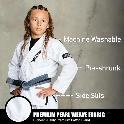 Vista 2 de Elite Sports Kids BJJ GI - Kimono brasileño Jiujitsu Gi con tela preencogida y cinturón, para niños y jóvenes, aprobado por la IBJJF