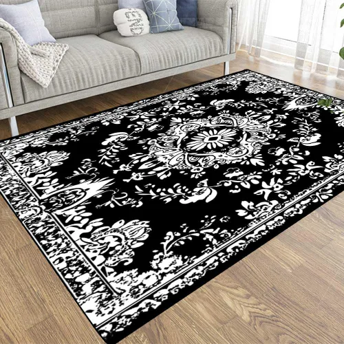Vista 31 de TOMWISH - Alfombra abstracta pintada a mano en blanco y negro con pintura dorada, sala de estar, dormitorio, decoración de suelo, alfombra