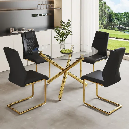 Vista 3 de Mesa redonda de comedor de vidrio para 4 a 6, moderna mesa superior de vidrio templado, patas cromadas resistentes, almohadillas ajustables