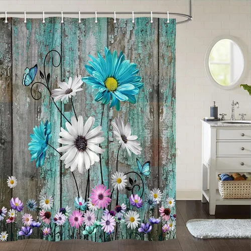 Vista 11 de Cortina de ducha rústica con diseño floral, cortina de ducha rústica con margaritas, cortina de ducha de madera rústica con ganchos, 36 x 72 Verde