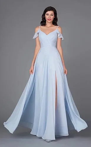 Vista 3 de kidadndy Vestido de dama de honor con cuello en V para mujer manga larga con volantes vestido formal de noche boda fiesta con abertura