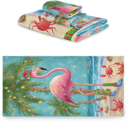 Vista 2 de Pfrewn Juego de 3 toallas de baño de Navidad con flamenco tropical, palmera y cangrejo, toallas de baño, suaves y absorbentes, toallas de mano