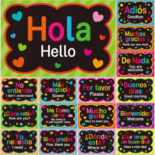Vista 8 de gisgfim Juego de 16 pósteres de palabras y frases en español, tablero de anuncios, estudio y decoración de aula (Boho)
