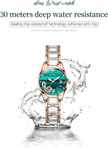 Vista 5 de OLEVS Relojes para mujer, oro rosa, de dos tonos, de moda, de cerámica, blanco, esfera rosa, roja, acero inoxidable, fecha impermeable