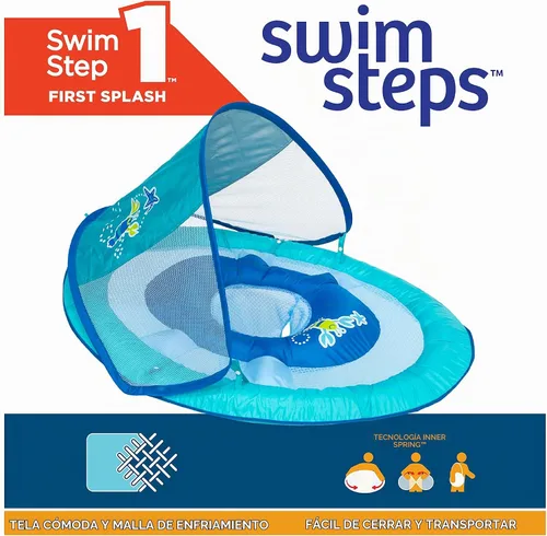 Vista 2 de SwimWays Baby Spring Float with Adjustable Canopy and UPF Sun Protection, Blue Lobster