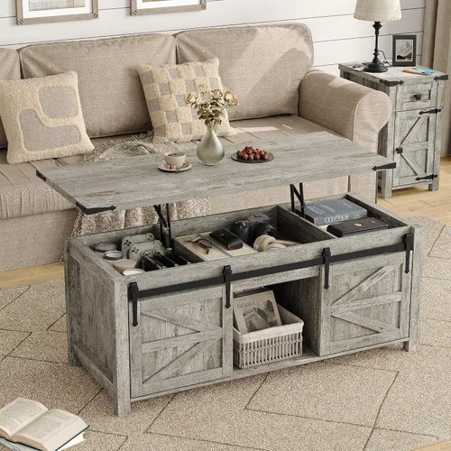 Vista 10 de Furnihold Mesa auxiliar de 47.3 pulgadas con almacenamiento, mesa de centro de madera de granja con parte superior elevable, puertas corredizas