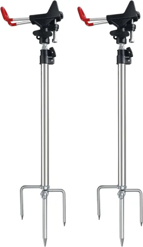 Vista 9 de Soporte para caña de pescar para suelo, paquete de 2, altura ajustable de 57-87cm, soporte para caña de pescar ajustable de 360 grados y fácil