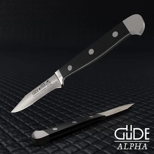 Vista 6 de Gude Alpha Series - Cuchillo de pelar forjado de doble refuerzo con mango Hostaform negro de 3 pulgadas, fabricado en Solingen, Alemania desde 1910