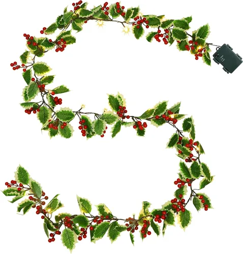 Vista 8 de Juegoal Guirnalda de Navidad, guirnalda de bayas rojas y hojas de acebo preiluminadas de 6.5 pies, guirnalda de bayas artificiales iluminadas a
