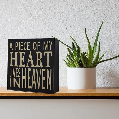 Vista 3 de Cartel de madera con texto en inglés "Saying A Piece of My Heart Lives in Heaven", decoración de oficina para escritorio, cubículo, caja de citas