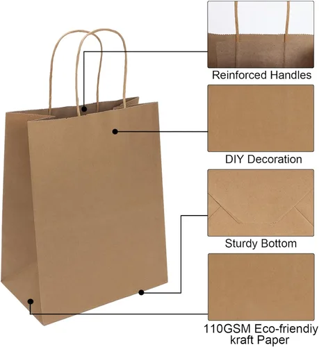 Vista 3 de Joybe Paquete de 50 bolsas de papel marrón medianas de 8x4.75x10 pulgadas con asas al por mayor, bolsas de regalo de papel kraft para favores