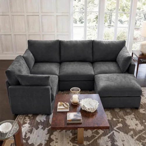 Vista 20 de Iroomy Sofá modular modular para sala de estar, asiento con cojín de resorte, moderno sofá convertible en nube con otomana, gris