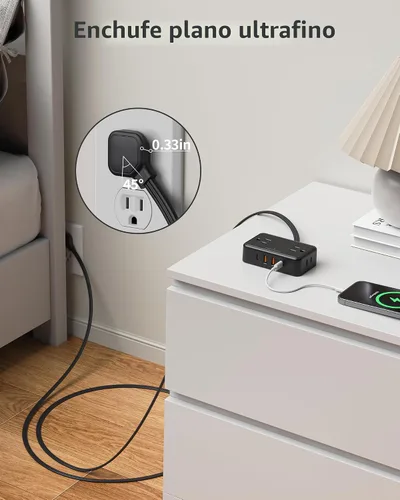 Vista 3 de HOPOW Cable de extensión con enchufe plano, regleta de 6 pies ultra delgada, 4 tomas de CA con amplio espacio y 4 puertos USB (2 USB-C), sin