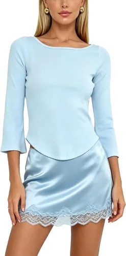 Vista 14 de Camiseta de manga 3/4 para mujer, cuello barco, ajuste delgado, manga de A Blanco