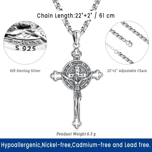 Vista 3 de Eusense - Collar con colgante de plata de ley 925 de San MiguelSan Benito para hombres y mujeres con cruz de Jesúsmedalla milagrosa de la Virgen