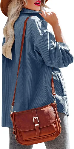 Vista 2 de SENSERISE Camisa de pana para mujer, chaqueta de gran tamaño, casual, manga larga, con botones, blusas