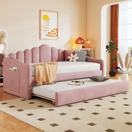 Vista 18 de Bellemave Cama diurna tamaño twin con nido para adultos, niños, niñas, adolescentes, camas diurnas con nido para sala de estar, terciopelo, beige