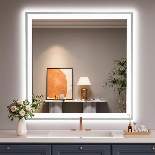 Vista 41 de Espejo de baño LED de 24x28 pulgadas con marco negro, espejos de baño retroiluminados y con luz frontal para pared, antiempañamiento, regulable