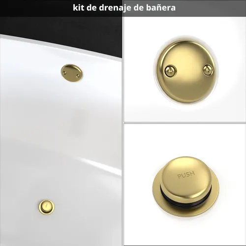 Vista 2 de Kit de drenaje de bañera completamente metálico con mecanismo basculante, placa frontal de desbordamiento de dos orificios y ensamblaje universal