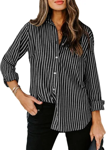 Vista 28 de Siliteelon - Camisas de botones para mujer, camisa de vestir a rayas de algodón, de manga larga, cuello con solapa, para oficina y trabajo