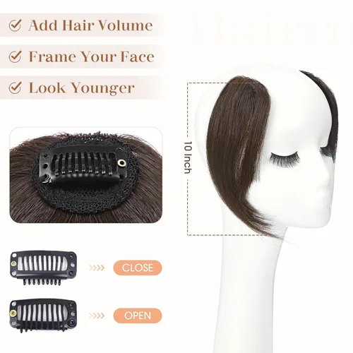 Vista 4 de Hairro Extensiones de flequillo lateral ondulado con clip, 100% cabello humano, 2 piezas con clip en la parte media, flequillo francés, lados