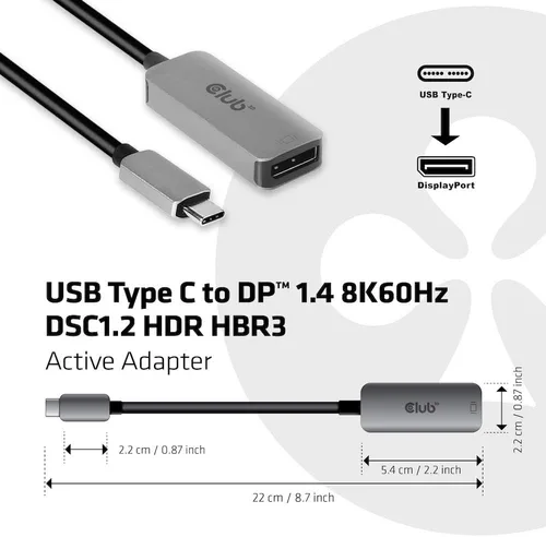 Vista 3 de Club 3D CAC-1567 Adaptador USB Tipo C a DisplayPort™ 1.4 4K 120Hz 8K60Hz DSC1.2 HBR3 M/M