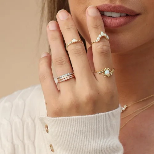 Vista 4 de AFFY - Anillo refinado con ópalo sintético y oro de 14 quilates sobre plata para mujeres, joyas apilables