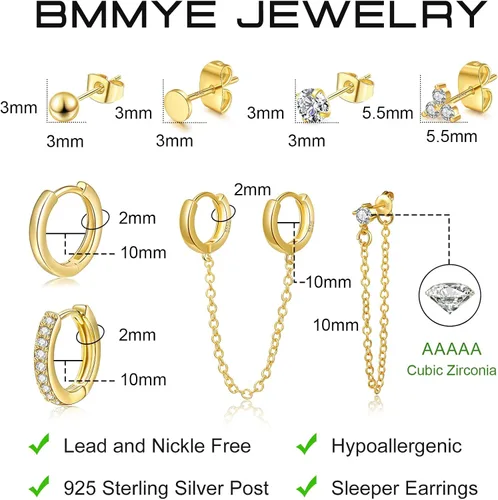 Vista 4 de Juegos de aretes de plata y oro para múltiples piercings, aretes de cartílago pequeños hipoalergénicos de plata de ley