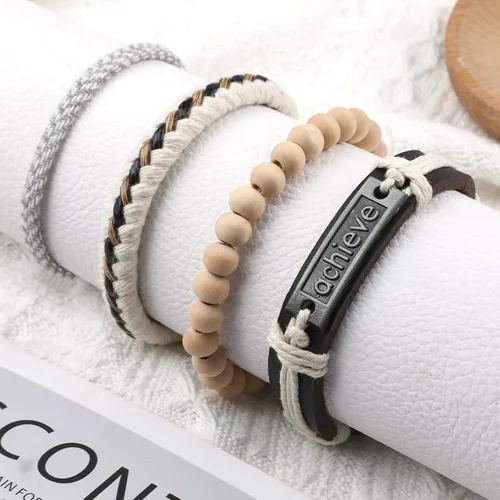 Vista 5 de Ritach Pulseras de cuero trenzado para hombres y mujeres, cuentas de madera, cuerdas de cáñamo, pulseras étnicas tribales, juego de pulseras