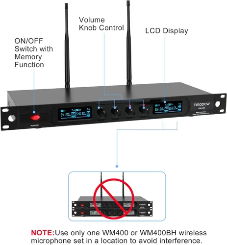 Vista 3 de innopow Sistema de micrófono inalámbrico de 4 canales, micrófono inalámbrico de metal UHF cuádruple, 2 micrófonos de mano, 2 micrófonos de bolsillo